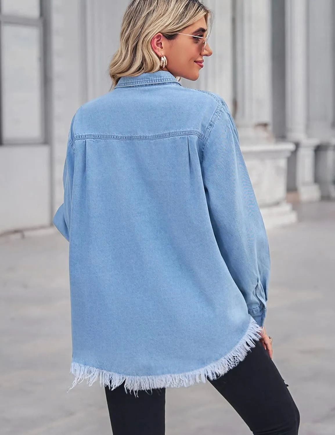 Zilcremo Women Denim Shirt Chambray Collared Jean Shirts Long Sleeve Pocket Button Down Blouses