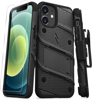 ZIZO Bolt Series for iPhone 12 Mini Case with Screen Protector Kickstand Holster Lanyard - Black