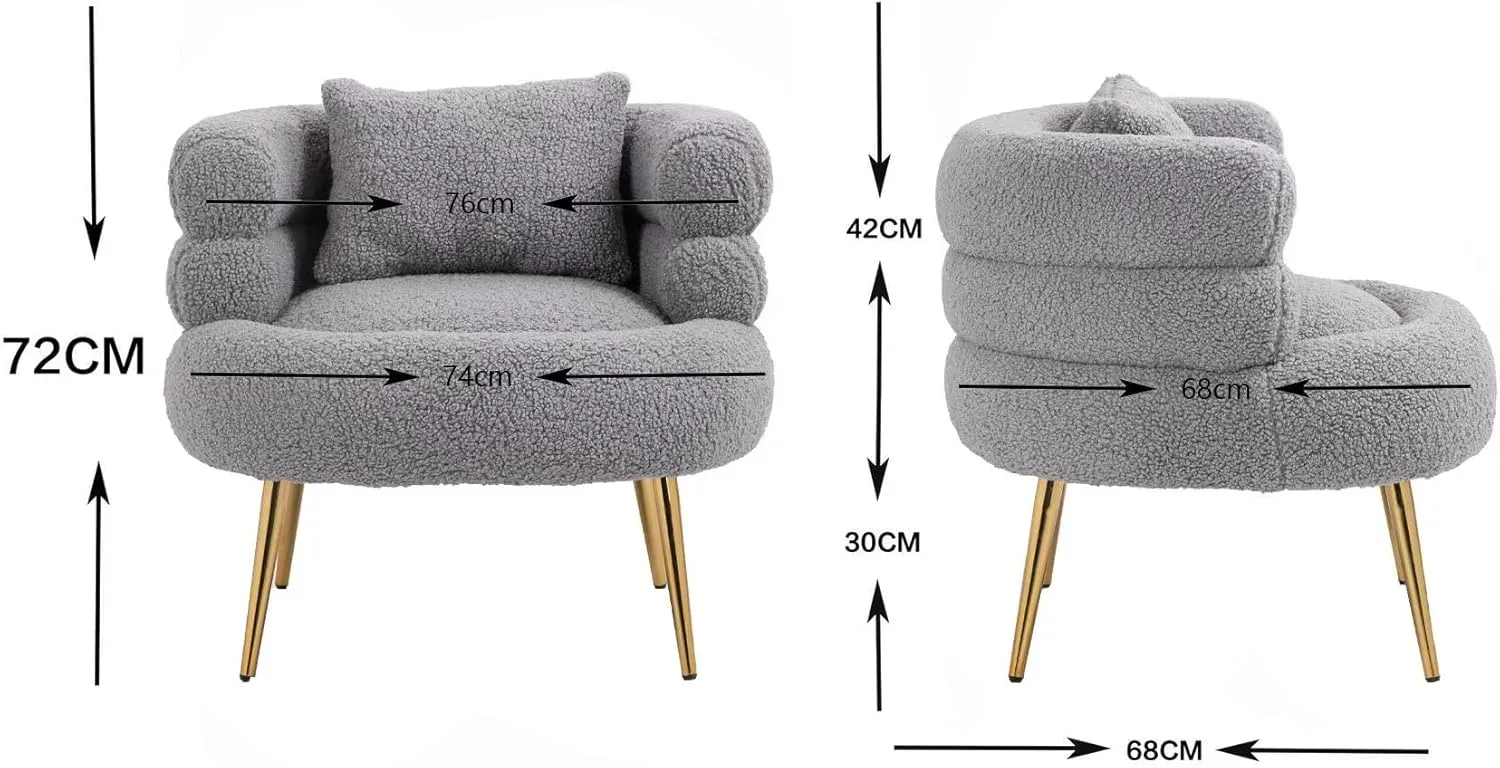 ZOBIDO Modern Accent Lambhair Chairs Comfy Upholstered Vanity Chairs for Bedroom Armchair Dining Chairs with Golden Metal Legs Desk Chair Single Person sofafor Living Room (Light Grey)