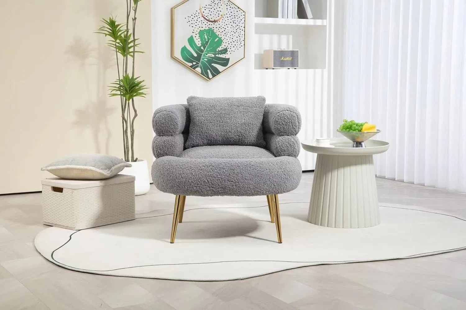 ZOBIDO Modern Accent Lambhair Chairs Comfy Upholstered Vanity Chairs for Bedroom Armchair Dining Chairs with Golden Metal Legs Desk Chair Single Person sofafor Living Room (Light Grey)